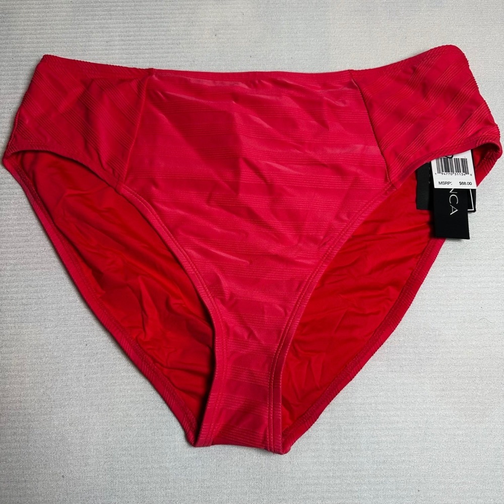 LA BLANCA High Waist Bikini Bottoms Red Textured Stripes Swimwear Size 16 NWT
